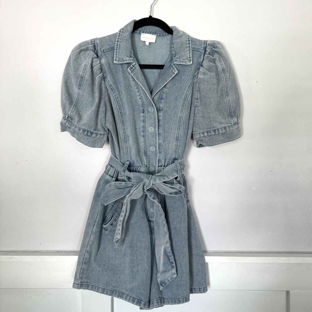 Denim Puff Sleeve Romper with tie waist band